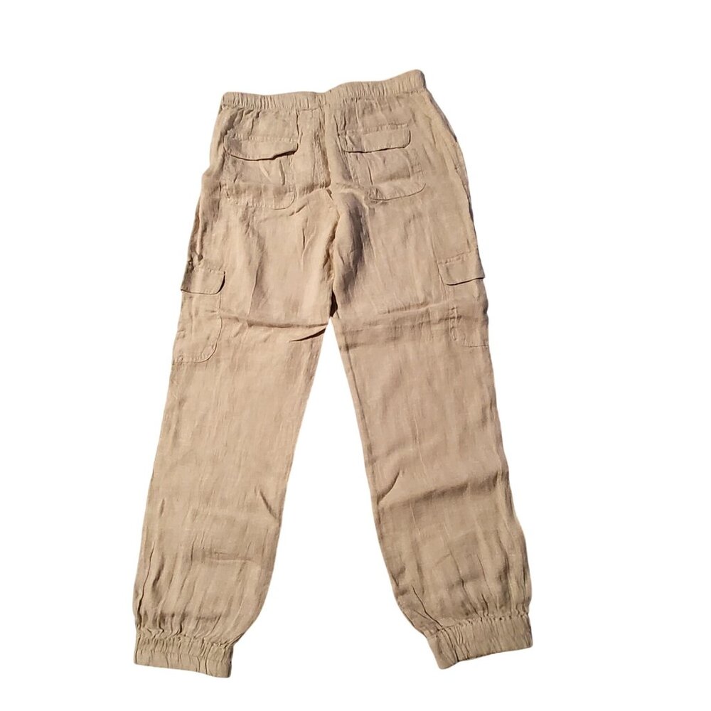Linen Cargo Jogger Pants With Elastic Waist & Pockets Beige Lightweight Size L - Picture 2 of 11